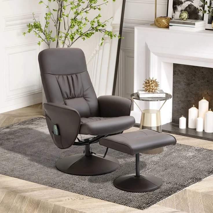 Wohnora-Relaxsessel mit Hocker, drehbarer Fernsehsessel mit 10 Massagepunkte, Liegefunktion, Massagesessel mit Fernbedienung, Seitentasche, TV-Sessel, Kunstleder, Braun,H 1050cm x T 760cm x B 810cm – Bild 3