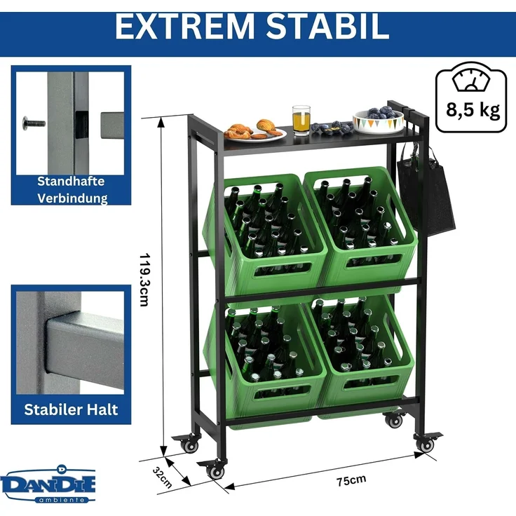 DanDiBo Getränkekistenregal 4 Kisten mit Ablagefläche Rollen Haken Metall Schwarz 96651 Getränkeregal Kistenregal Getränke Regal – Bild 2
