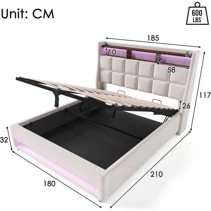 Polsterbett 180x200 cm mit USB, LED und Stauraum – Bettgestell aus Leinenstoff in Hellbeige – Bild 3