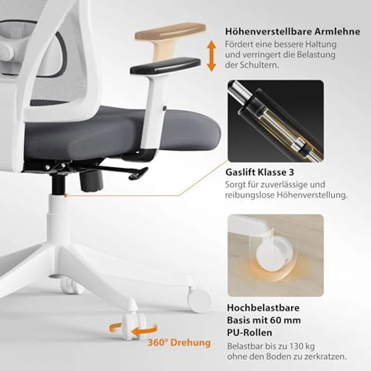 SENSE7 Tone Bürostuhl Ergonomisch, Schreibtischstuhl mit Dynamischer Lordosenstütze, Verstellbarer Kopfstütze, Atmungsaktivem Netzrücken, Komfortabler Office Chair für Büro, Home Office, Gaming – Bild 8
