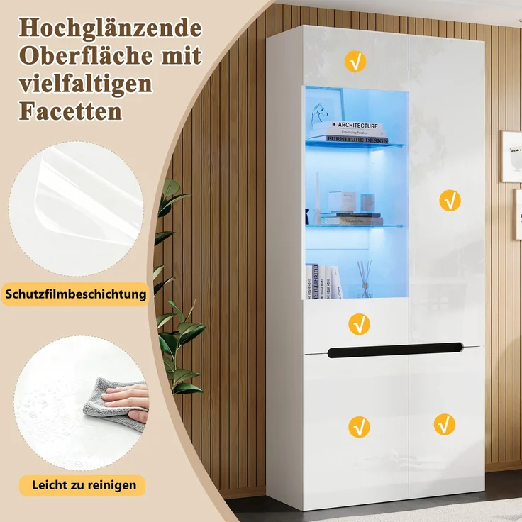 Vitrine mit LED, 4 Flügeltüren mit Trennwand aus Sicherheitsglas, Wohnzimmer Glasvitrine Hochglanzfront, Sammlervitrine für Wohnzimmer, Esszimmer, Schlafzimmer,Weiß,80×35×180cm – Bild 5