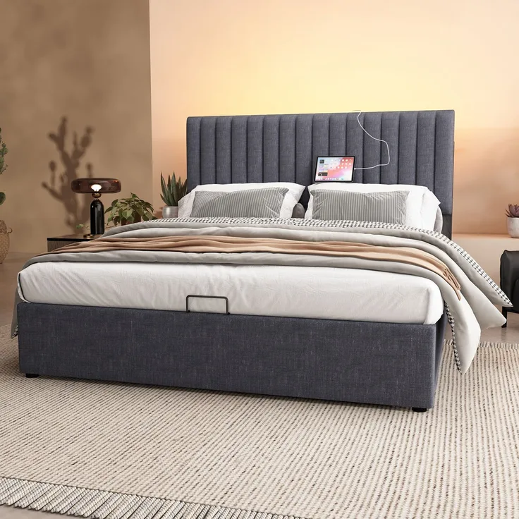Polsterbett 140×200 cm aus Leinen-Stoff mit LED-Beleuchtung und USB-C-Ladestation, grau