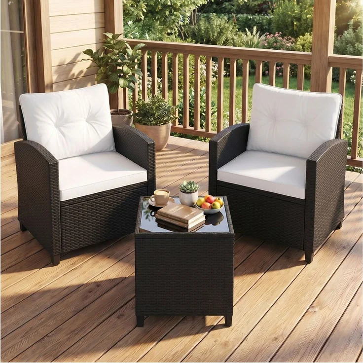 COSTWAY Balkonset, (3-tlg), Gartenmöbel Set Rattan mit Kissen, 2 Stühlen, Tisch – Bild 2