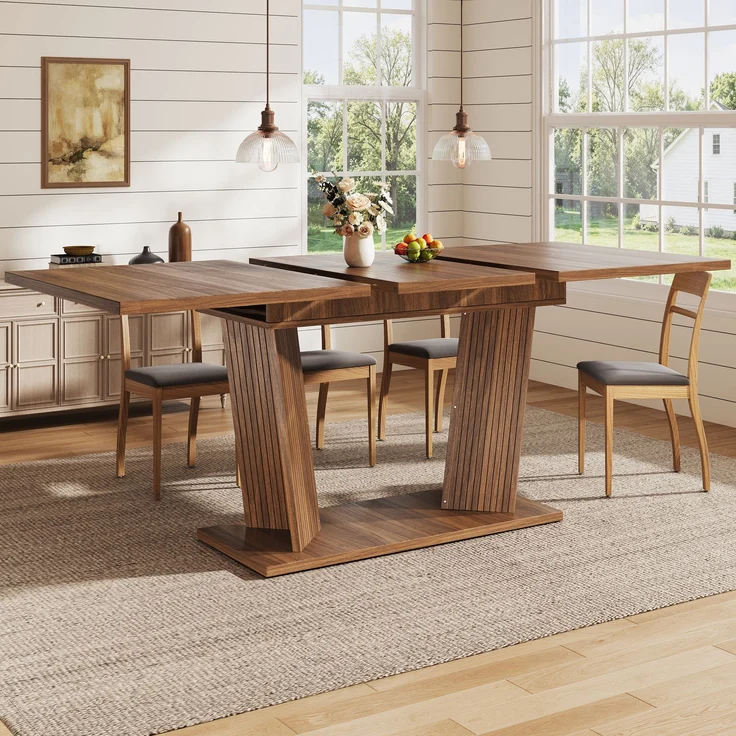 JARDJ Ausziehbarer Esstisch Modern, Massivholz Optik Tisch, Stabiler Sockel mit Verstellbaren Anti-Rutsch-Füßen, Flexibler Esszimmertisch für Kleine Räume und Küche, Dunkelbraun – Bild 4