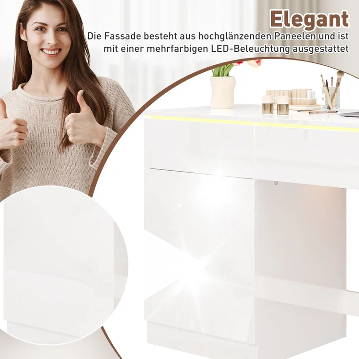 ZUBALIYA Hochglanz Schreibtisch 120 x 50 cm mit LED-Beleuchtung, 2 Schubladen & 1 Tür, großer Computertisch und Schminktisch, Moderner Arbeitsplatz für Homeoffice und Schlafzimmer – Bild 7