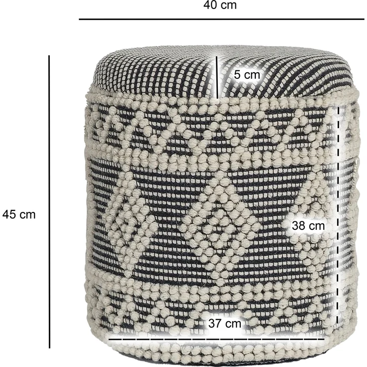 Hocker Boho Wolle Grau-Creme Ø40x45cm mit Stauraum & abnehmbarem Deckel – Bild 3