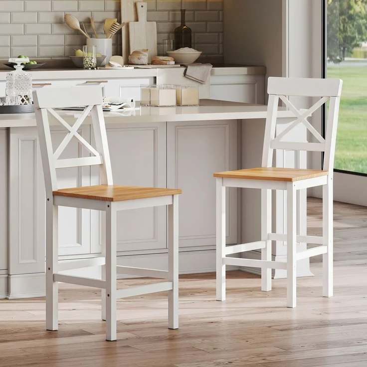 Barhocker 2er Set Barstuhl aus Kiefernholz mit Fußstütze, Lehne, Landhaus-Stil für Küche, Wohnzimmer, Natur--Naturholz--97.5x41x46cm--YOUDENOVA – Bild 3