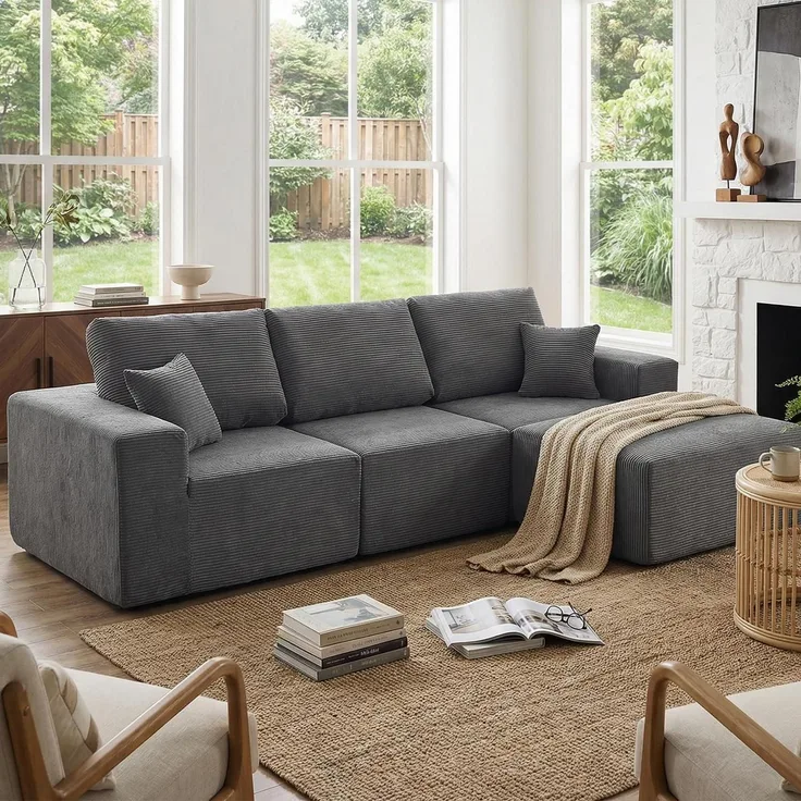 Ecksofa 275cm Schlaffunktion Ottomane Cord 4 L-förmig Dunkelgrau