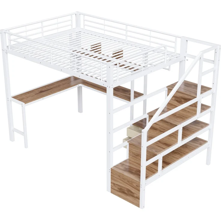 Merax Hochbett, Kinderbett 140 x 200 cm, Jugendbett mit 2 Schubladen, mit LED-Lichtleiste, Schreibtisch, Ohne Matratze, Weiß – Bild 8