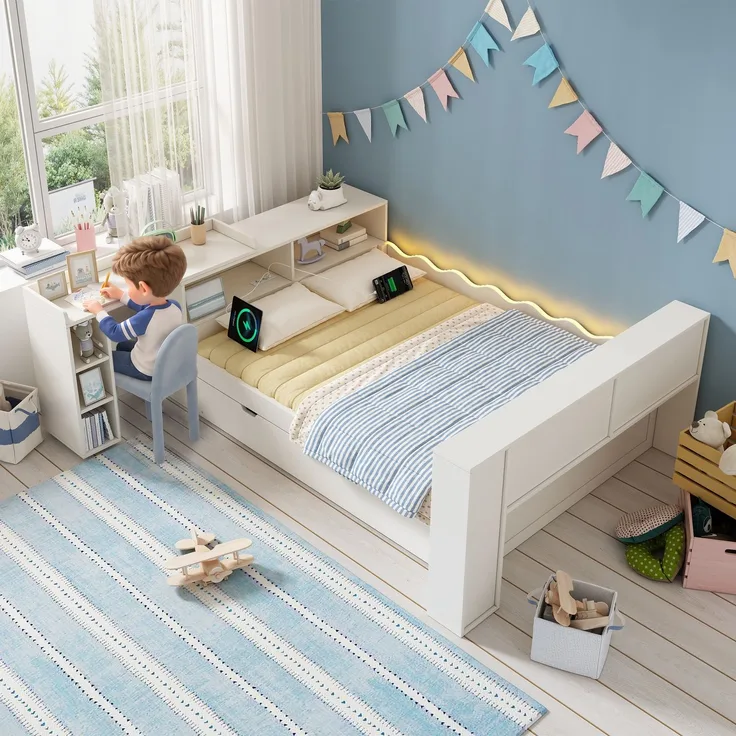 Bett 140x200 cm aus Holzwerkstoffen in Weiß mit Ausziehbett 90x190 cm, LED und Ladeanschlüssen, ohne Matratze