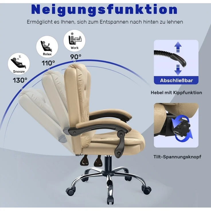 BIGZZIA Bürostuhl Schreibtischstuhl mit Hoher Rückenlehne und Höhenverstellbar, PU Leder Drehstuhl - Liegestuhl für Büro - Zuhause – Bild 3