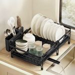 SONGMICS Geschirrständer ausziehbar, Stahl, Abtropfgestell, platzsparend, drehbarer Ablauf, schwarz
