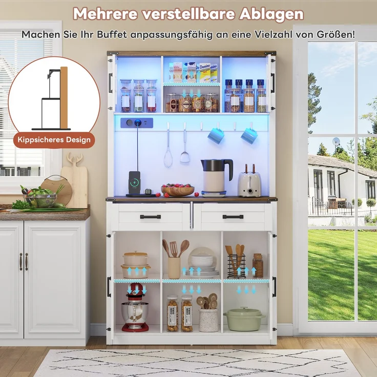Barschrank mit LED-Beleuchtung und Steckdosen, großer Küchen-Buffetschrank mit 2 großen Schubladen, Scheunentor-Design, verstellbaren Einlegeböden, rustikaler Kaffeebar-Sideboard-Tisch, weiß--Braun + Weiß--100x40x172cm--YOUDENOVA – Bild 3