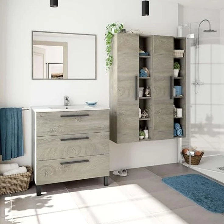 ARKITMOBEL, Waschbeckenunterschrank mit 3 Schubladen & Spiegel – Badezimmermodul mit Füßen in Eiche Alaska, modernes Badmöbel, Maße: 80 x 86 x 45 cm (B x H x T), Modell Athena (ohne Waschbecken) – Bild 6
