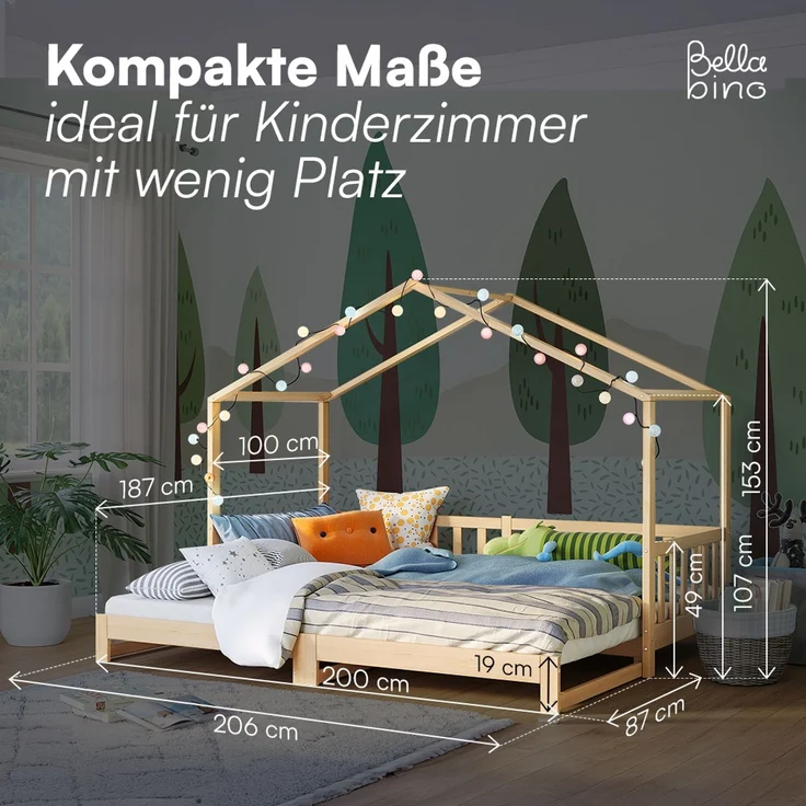 Bellabino 'Bia' Hausbett 90x200 cm/180x200 cm mit 2x 90x200 cm Matratze, natur, Kiefer Massivholz, Bodenbett in Hausoptik, ausziehbares Kinderbett mit Lattenrost – Bild 9