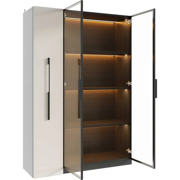 BlingBin Stauraumvitrine Multifunktionsschrank Glasvitrine (1-St, Bücherregal mit LED-Vitrine & seitlichem Auszugsschrank auf Rollen) Soft-Close-Scharniere, Warmgelbe Beleuchtung, 110,5×35×160 cm