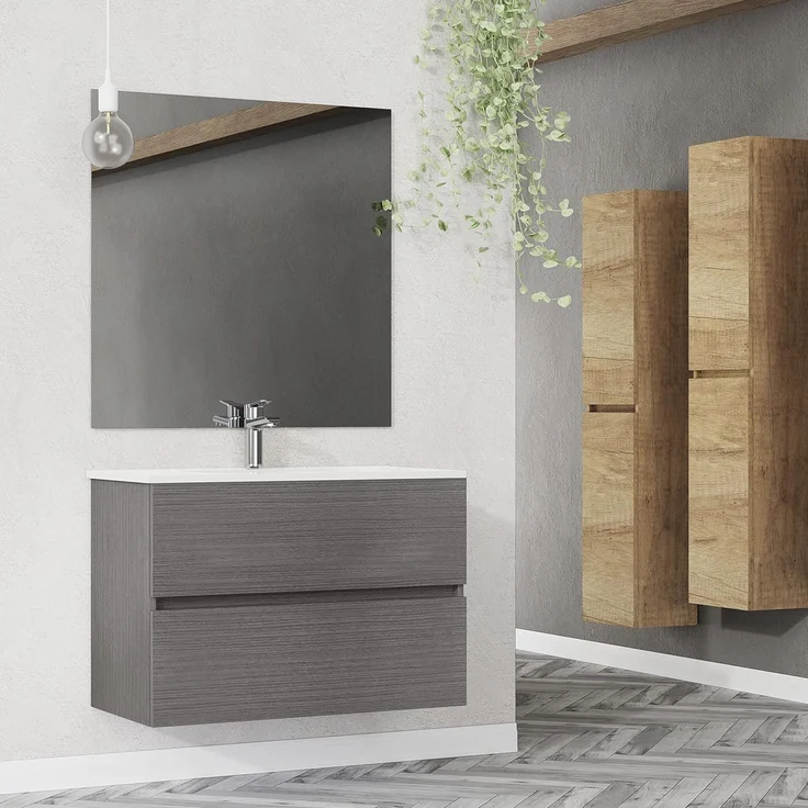 Baikal, Natura Badezimmermöbel mit reduziertem Boden, mit Keramikwaschbecken, Aufteilung mit Zwei Schubladen, montierter Schrank, Zwei Schubladen ohne Spiegel, Tiefe 39 cm, 90 cm, Asche – Bild 2
