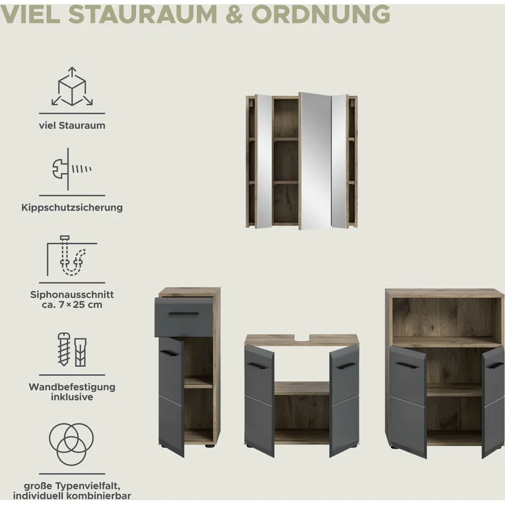 Badkombination (B/H/T: 180x185x30 cm) in schwarz matt und Nox Oak Nachbildung – Bild 9