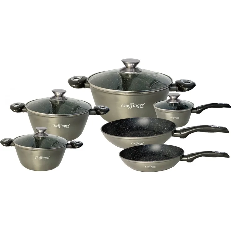 Kochtopf Kasserolle Bratpfannen Set 10-tlg grau Glasdeckel Cheffinger CF-FA1010