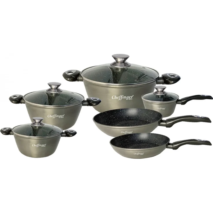Kochtopf Kasserolle Bratpfannen Set 10-tlg grau Glasdeckel Cheffinger CF-FA1010