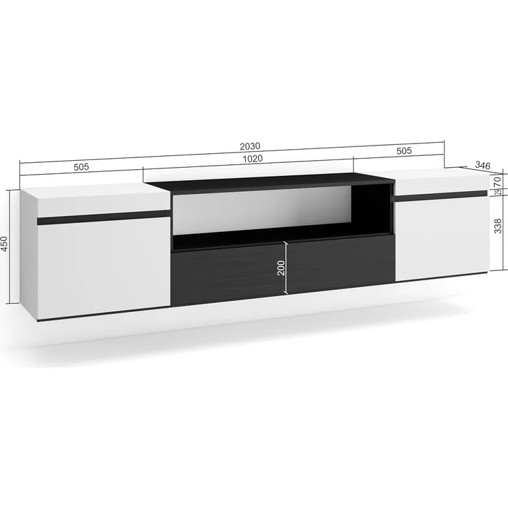 Skraut Home | TV-Schrank, Lowboard | für Wohnzimmer und Esszimmer | 200 x 45 x 35 cm | Für TV-Geräte bis zu 80" | Hängend | Moderner Stil | Weiß und Schwarz – Bild 5
