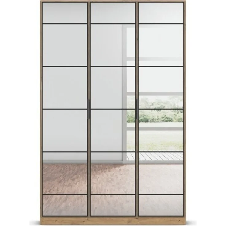 rauch Acero, Garderobenschrank in moderner Loft-Optik, 3-türig, 3 Glastüren, mit 8 Einlegeböden, Farbe Eiche Artisan, BxHxT 136x210x41cm – Bild 2