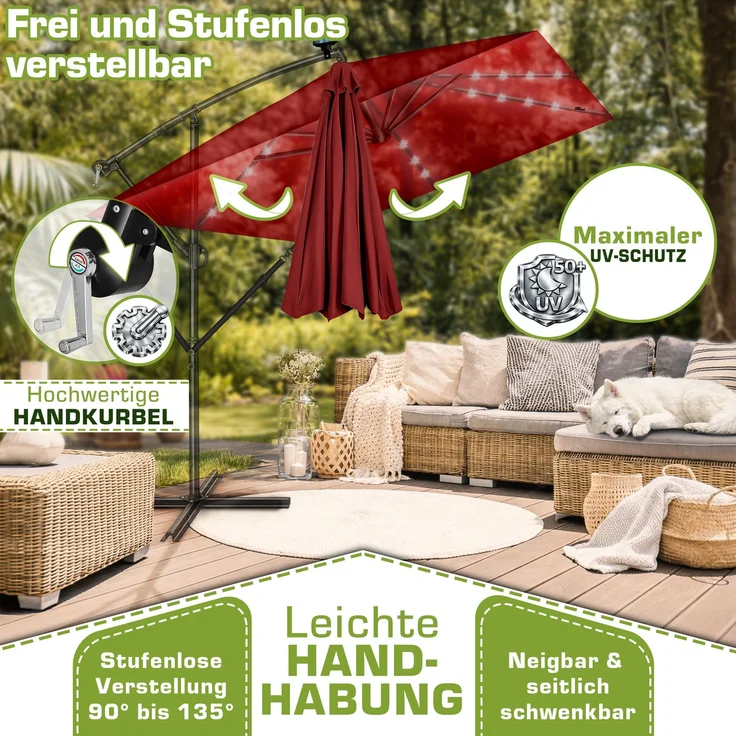 tillvex® Alu Sonnenschirm Rechteckig Ø 330 cm mit LED Solar Rot + Abdeckung mit Kurbel | Ampelschirm mit Ständer & Windschutz | Gartenschirm UV-Schutz, wasserdicht, 360° drehbar | Kurbelschirm Marktschirm – Bild 8