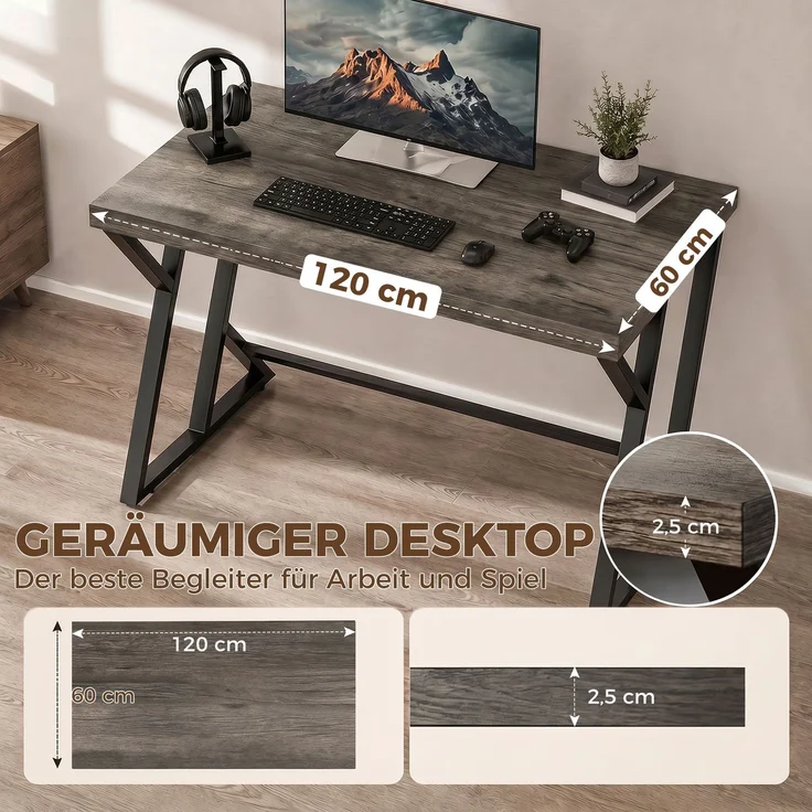 MELAYR, Schreibtisch Computertisch 120x60cm Bürotisch mit Z-förmigem Metallfuß, Holzoptik, Grau – Bild 6