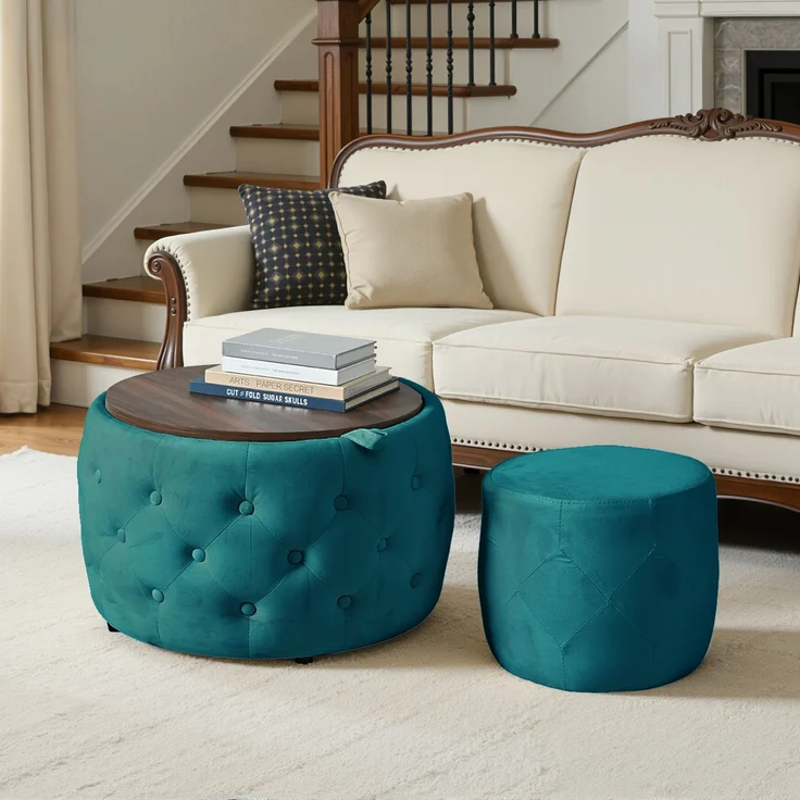 Hocker-Set 59,6x59,6x38 cm aus blauem Samt mit Stauraum und Holztablett – Bild 7