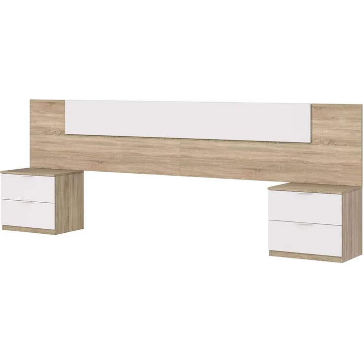 Habitdesign, modernes Kopfteil mit 2 Nachttischen – Schlafzimmer-Set für Doppelbett in Artik weiß & Kanadischer Eiche, viel Stauraum, Maße: 247 x 50 x 38 cm (B x H x T), Modell Alaya