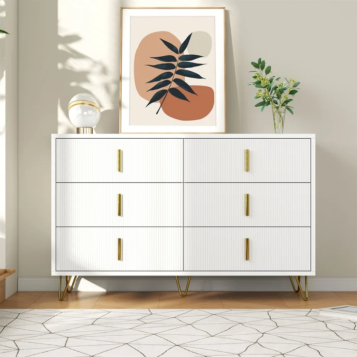 Sideboard 120x40 cm Weiß Gold 6 Schubladen Wellenfront TV Schrank Lowboard Aufbewahrung Wohnzimmer Esszimmer – Bild 4