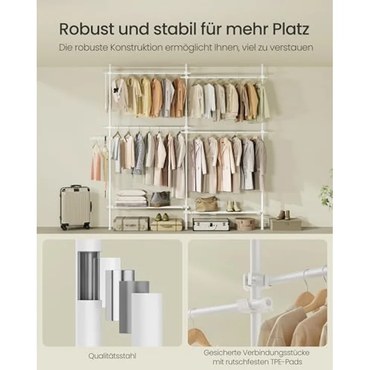 Songmics Teleskopstange Kleiderständer, 3-stufige Garderobe, höhen- und breitenverstellbar, offener Kleiderschrank mit 4 Kleiderstangen und 2 abnehmbaren Ablagen, Greifarm, mattweiß HSR154W01 – Bild 6