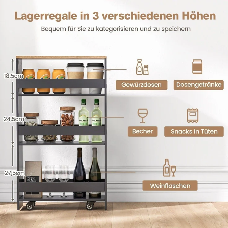 4 Ebenen Nischenregal auf Rollen aus Holz mit Griff Küchenwagen 47,5 x 20 x 80,5 cm Grau + Natur – Bild 2