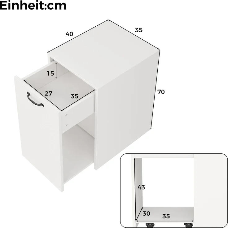 Rollcontainer aus Spanplatte mit Schublade & offenem Fach, 35x40x70 cm, Weiß – Bild 3