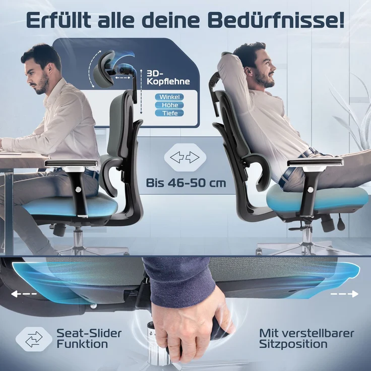 CLOUVOU ProSeat, ergonomischer Bürostuhl, thermoregulative Materialien, 4D-Armlehnen, 3D-Kopfstütze, BladeWheels, Anthrazit – Bild 3
