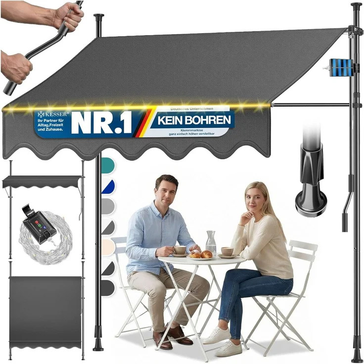 KESSER® Klemmmarkise mit Handkurbel & LED Lichterkette | Balkonmarkise ohne Bohren | Markise UV-beständig höhenverstellbar & wasserabweisend | Sonnenschutz für Balkon Terrasse & Garten Anthrazit, 250cm – Bild 1