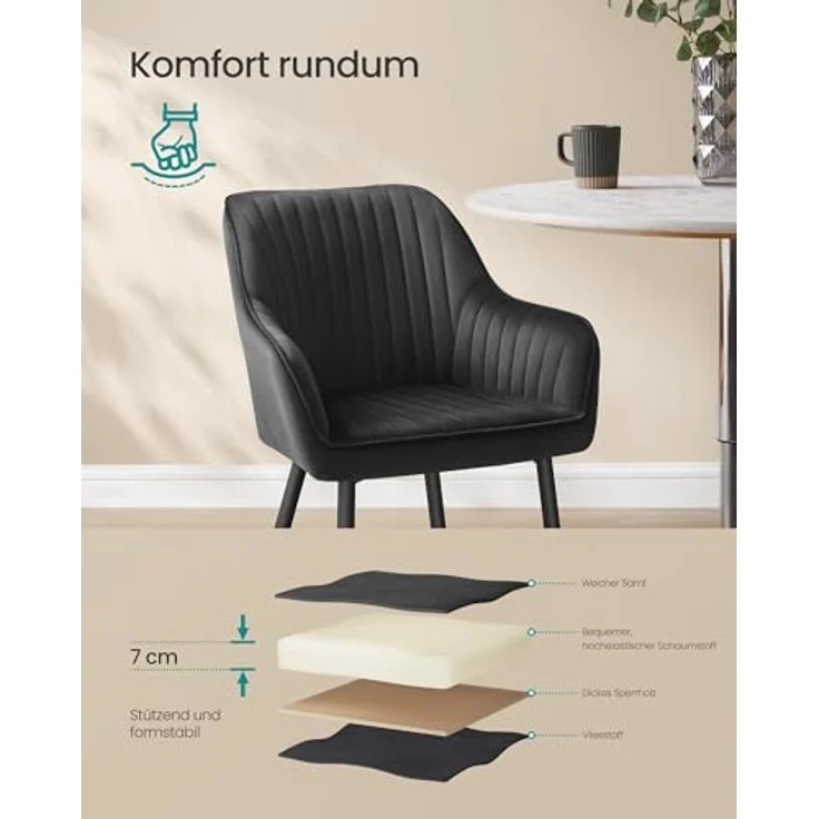 SONGMICS Esszimmerstuhl, 2er Set, Küchenstuhl, Sessel, Samt, Polsterstuhl mit Armlehnen, Loungesessel, bis 120 kg belastbar, Metallbeine, für Esszimmer, Küche, tintenschwarz LDC087B12 – Bild 7