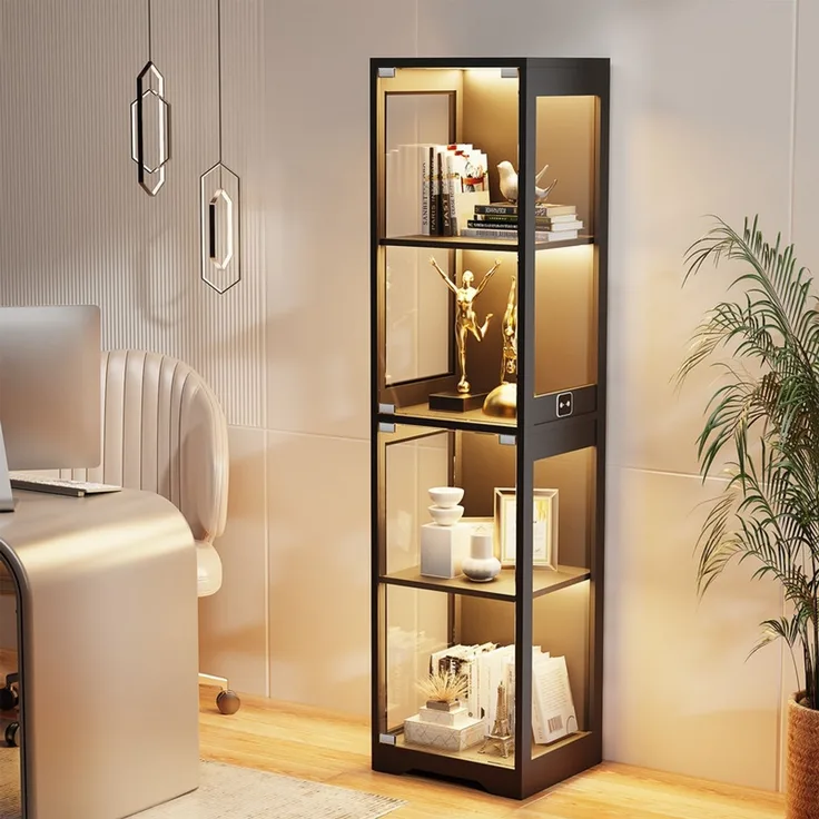 Glasvitrine 4-stöckig, Ausstellungsschrank mit Glastür, LED-Beleuchtung und Helligkeitsregelung, Schwarz