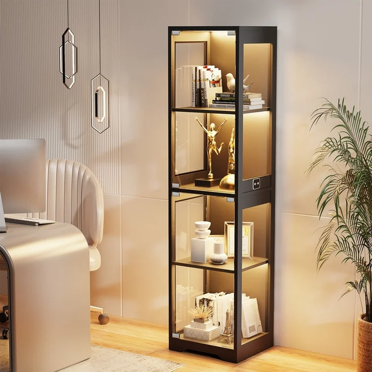 Glasvitrine 4-stöckig, Ausstellungsschrank mit Glastür, LED-Beleuchtung und Helligkeitsregelung, Schwarz – Bild 1
