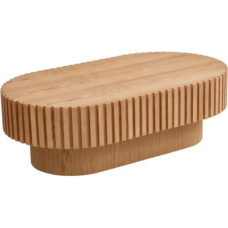 Oval Fluted Coffee Table, Modern Minimalist Center Table with Solid Wood Stripe Accent, MDF with Wood Veneer Construction, Contemporary Accent Table for Living Room, Bedroom, and Office (Natural)