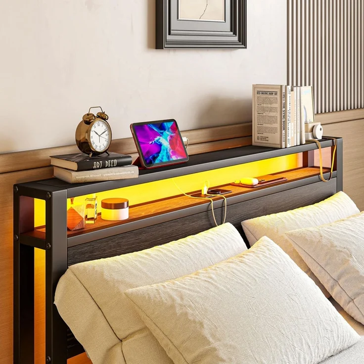 Homerecommend Metallbett 140x200 cm, Doppelbett und Jugendbett, mit LED-Beleuchtung, Steckdose und 2 USB-Anschlüssen, Vintage Schwarz – Bild 4
