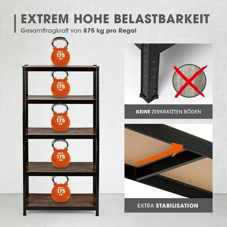 EASYmaxx Schwerlastregal 180x90x40cm schwarz/braun mit 5 belastbaren Holzböden 2er-Set – Bild 3