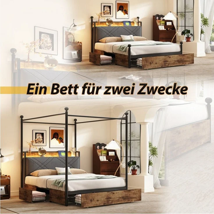 STILVORA Stauraumbett 140x190 mit Schublade&Baldachin,Eisenbett Bettgestell mit LED&USB (mit LED & USB/Typ-C, Stauraum, abnehmbarem Baldachin, Smart-Himmelbett 140x190 cm), ohne Matratze – Bild 3