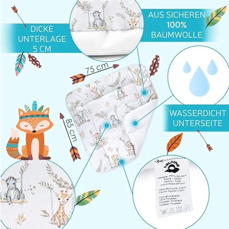 Balbina® Wickelunterlage aus Baumwolle weiche Wickeltischauflage für Wickelkommoden waschbar 75x85 I Safari – Bild 4