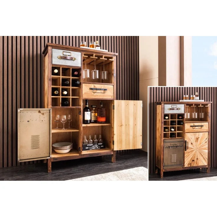 riess-ambiente Barschrank ATELIER 120cm natur - Pinienholz, Metall-Vintage-Bar, Gläseraufhängung (Einzelartikel, 1-St) Authentischer Weinregal - ideal für Küche, Esszimmer oder Loft-Wohnung – Bild 3
