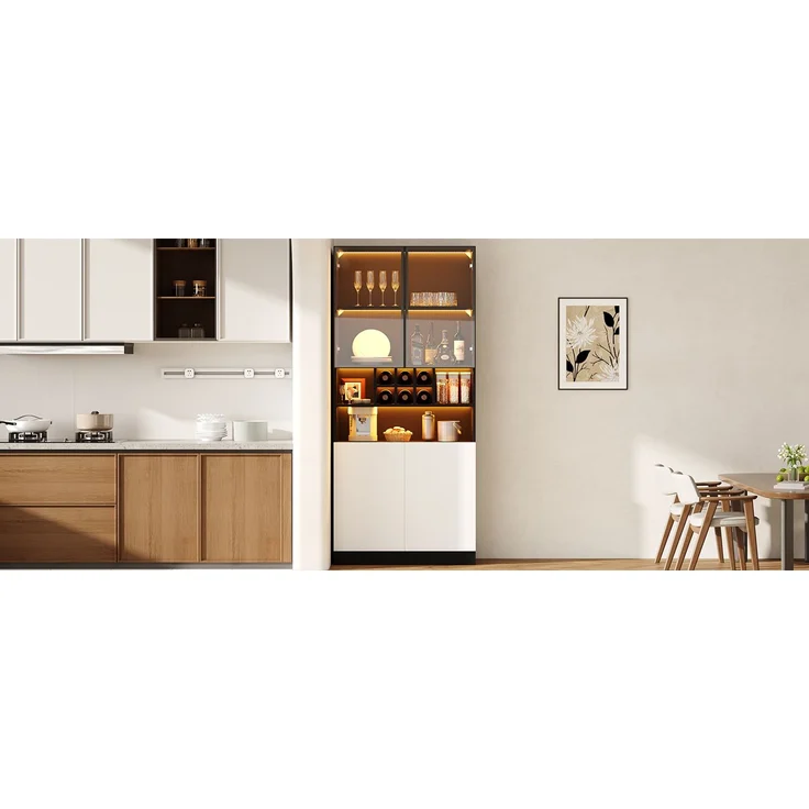 ZUBALIYA LED-Beleuchteter Glasvitrinenschrank, Küchenhochschrank 80×30×180 cm – Gehärtetes Glas, mit offenen Regalen, Platz für Flaschen und Geschirr, 2 Türen. Vielseitig geeignet für Wohnzimmer und Esszimmer – Bild 12