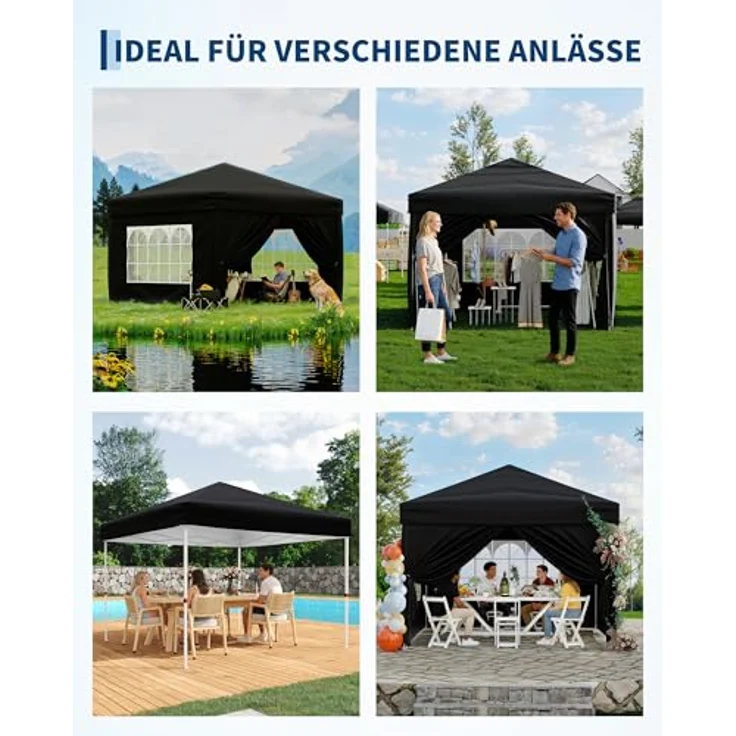 Faltpavillon 3x3 m wasserdicht stabil mit 4 Seitenwänden – Pop up Pavillon faltbar aus 420D Oxford, UV-Schutz 50+, 3-Fach höhenverstellbar, Partyzelt mit Tragetasche für Garten & Outdoor Schwarz – Bild 7