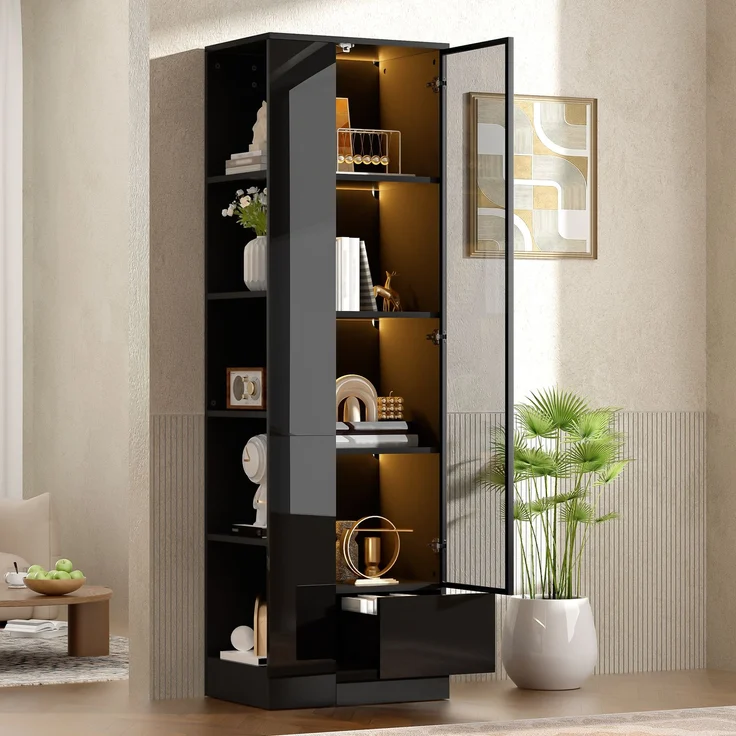Vitrine mit Glastür & LED-Beleuchtung – Hochglanz-Schrank mit Schubladen & offenen Fächern, viel Stauraum für Wohnzimmer & Esszimmer, Schwarz, 50x35x160 cm – Bild 8
