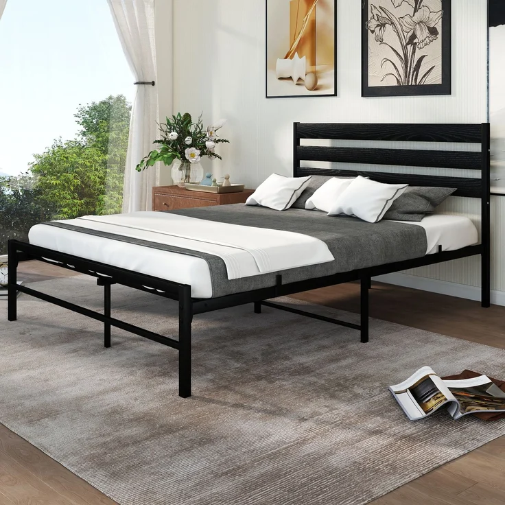 Doppelbett aus Metall mit MDF-Kopfteil, ohne Matratze, 140x200 cm, Schwarz – Bild 4