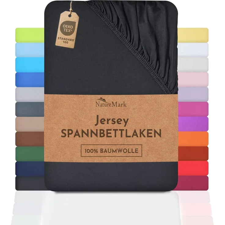 NatureMark Jersey Spannbettlaken, Spannbetttuch 100% Baumwolle in vielen Größen und Farben MARKENQUALITÄT ÖKOTEX Standard 100 | 180x200 cm - 200x200 cm - schwarz